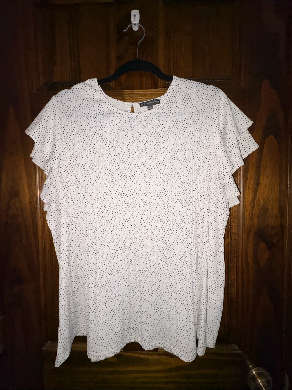 Adrianna Papell White Top with Black Microdots and Ruffle Sleeves